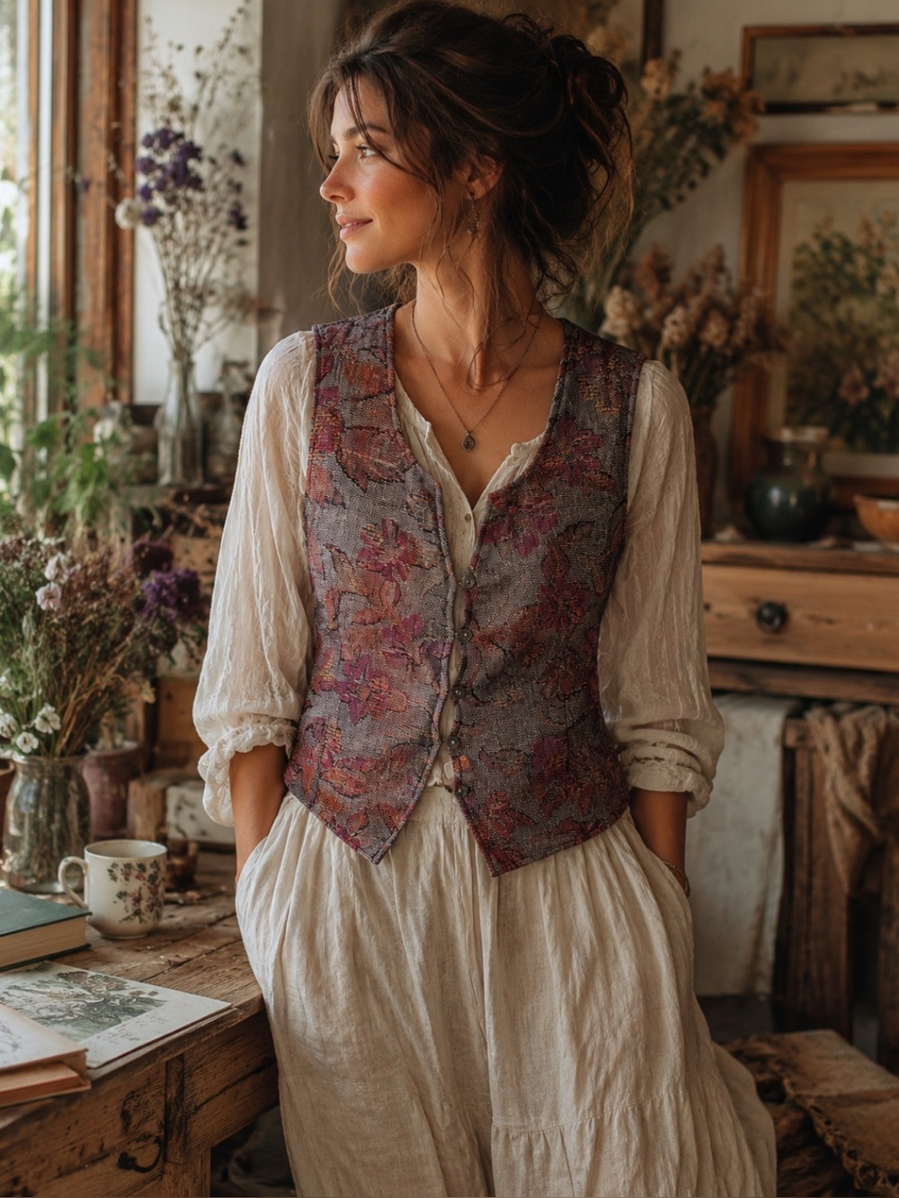 Vintage Tapestry Vest button up Boho renaissance regent Cottagecore Sz L 12/14